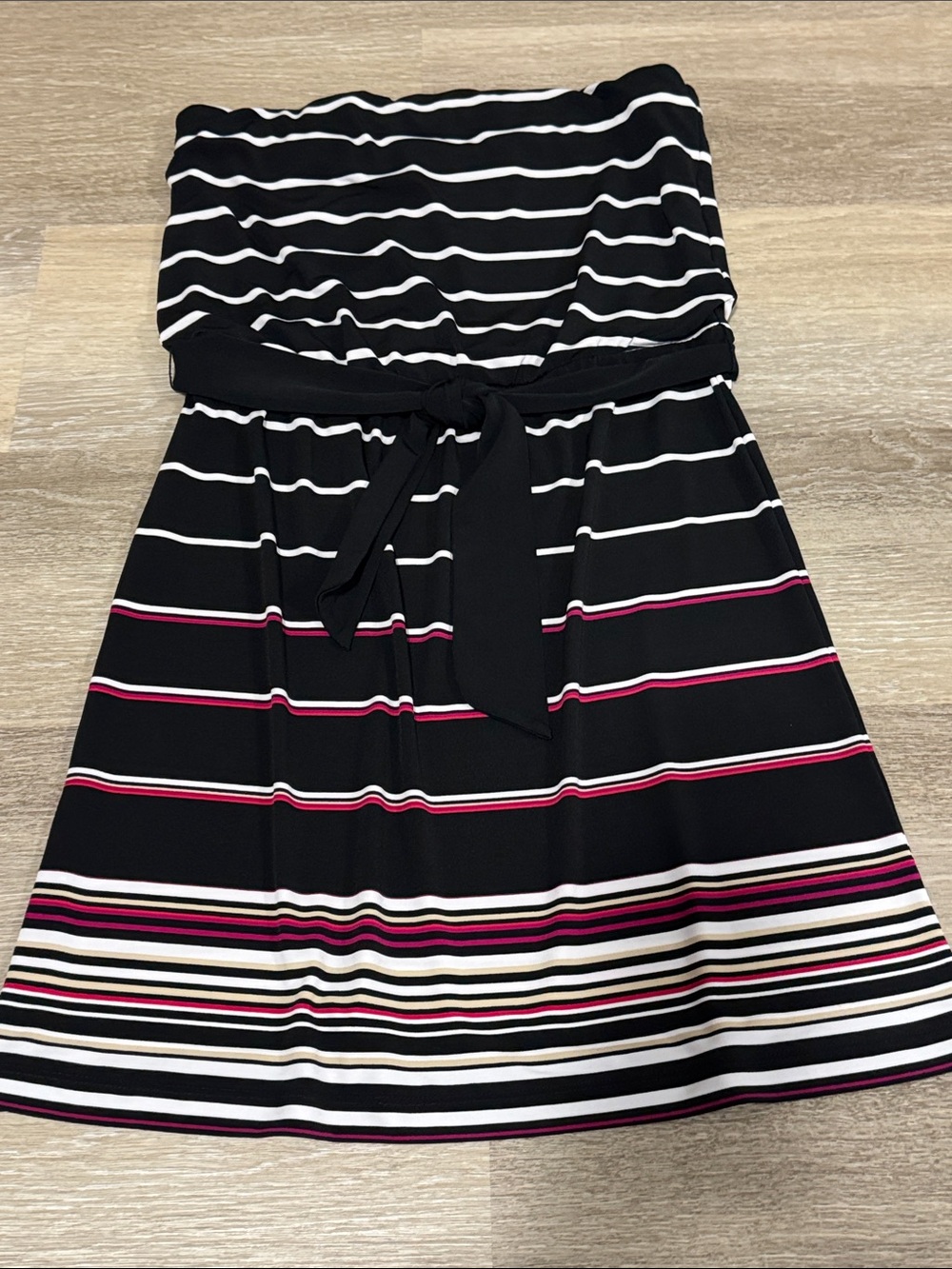 GUC White House Black Market Black Strapless Stripe Knit Dress with Tie Waist
